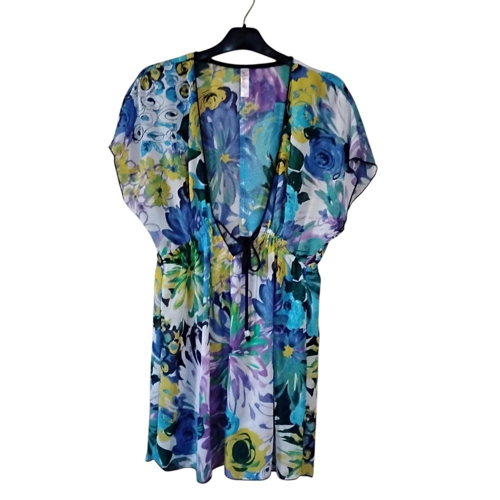 Miken Floral Swim Cover Up Dress Medium Blue Purple Yellow V-Neck Tie Tunic